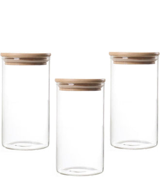 Premium Glass Storage Jars Set of 3 with Airtight Bamboo Lids | Multipurpose Kitchen Containers for Coffee, Spices, Dry Fruits & Grains | Modern Pantry Organizer - 0