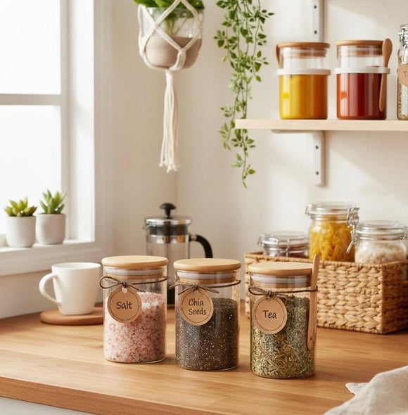 Premium Glass Storage Jars Set of 3 with Airtight Bamboo Lids | Multipurpose Kitchen Containers for Coffee, Spices, Dry Fruits & Grains | Modern Pantry Organizer