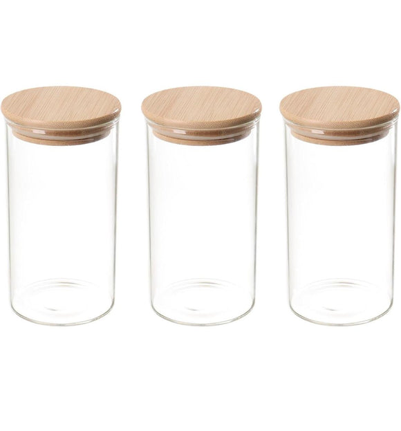Premium Glass Storage Jars Set of 3 with Airtight Bamboo Lids | Multipurpose Kitchen Containers for Coffee, Spices, Dry Fruits & Grains | Modern Pantry Organizer