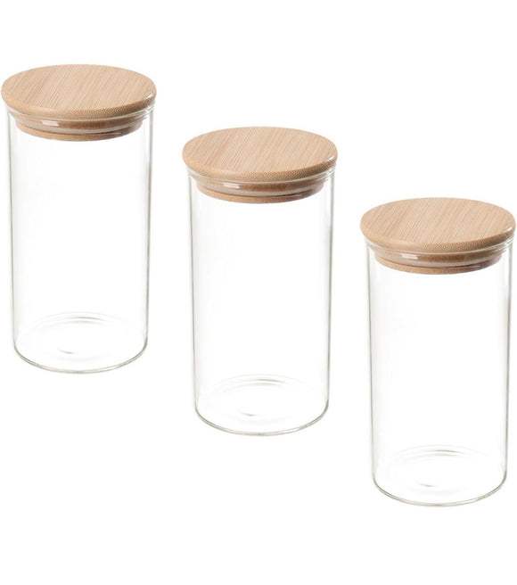 Premium Glass Storage Jars Set of 3 with Airtight Bamboo Lids | Multipurpose Kitchen Containers for Coffee, Spices, Dry Fruits & Grains | Modern Pantry Organizer