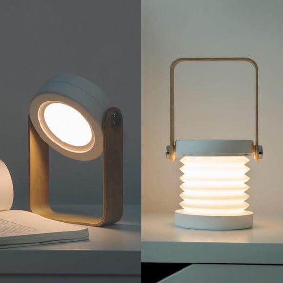 4-in-1 Foldable Table Lamp, USB Rechargeable LED Light, Wooden Handle Portable Lantern Light and Flashlight