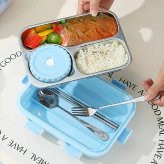 Stainless Steel Bento Lunch Box (3 Grid) With Bowl - 0