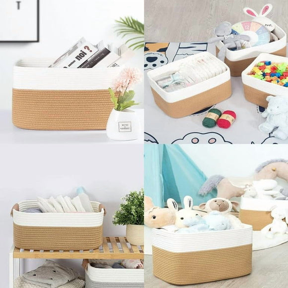 Modern Two-Tone Jute & Cotton Rope Storage Basket with Faux Leather Handles – Rectangular Organizer Bin for Home, Office & Nursery (Beige & White)