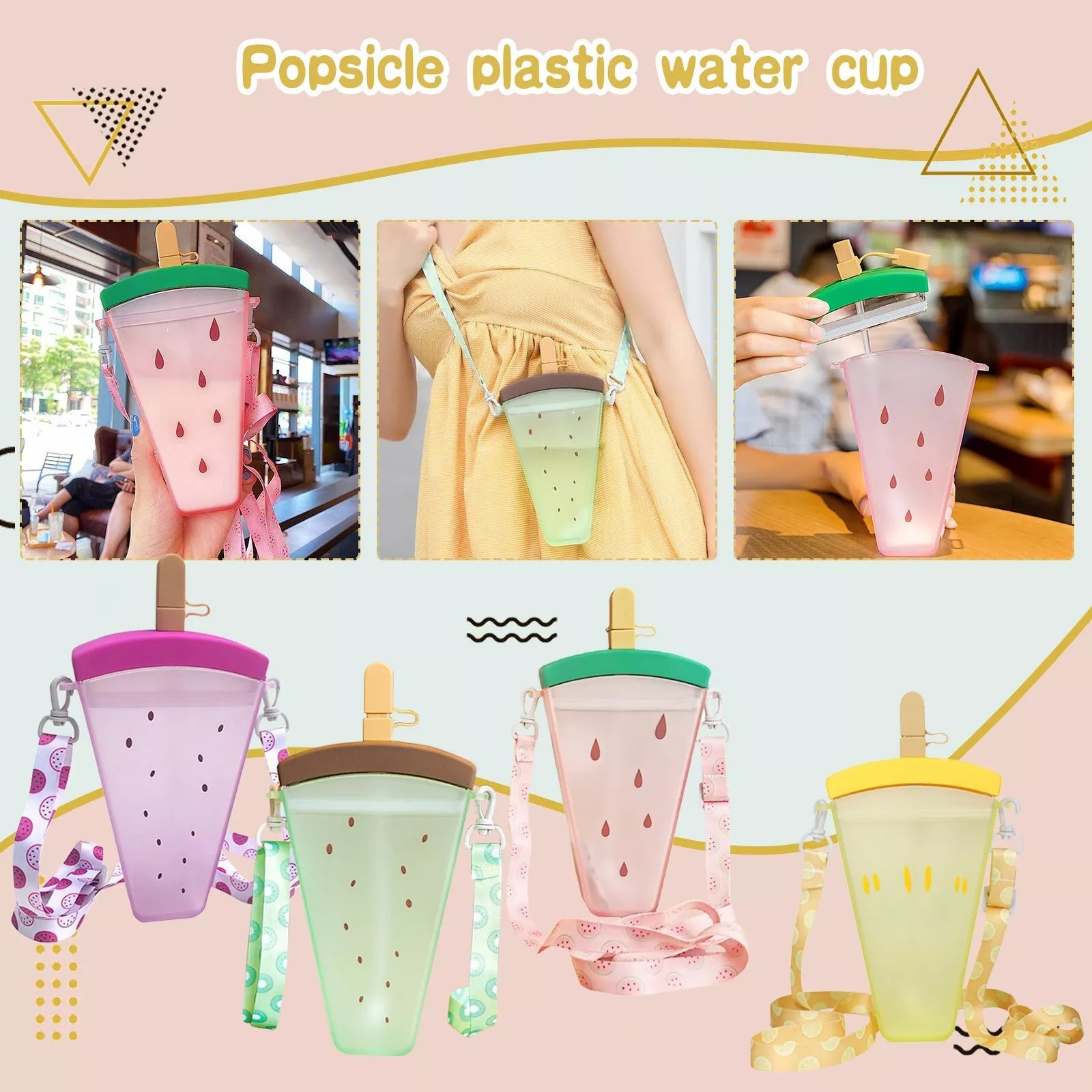 Kawaii Watermelon Ice Cream Sippers with Strap and Stickers