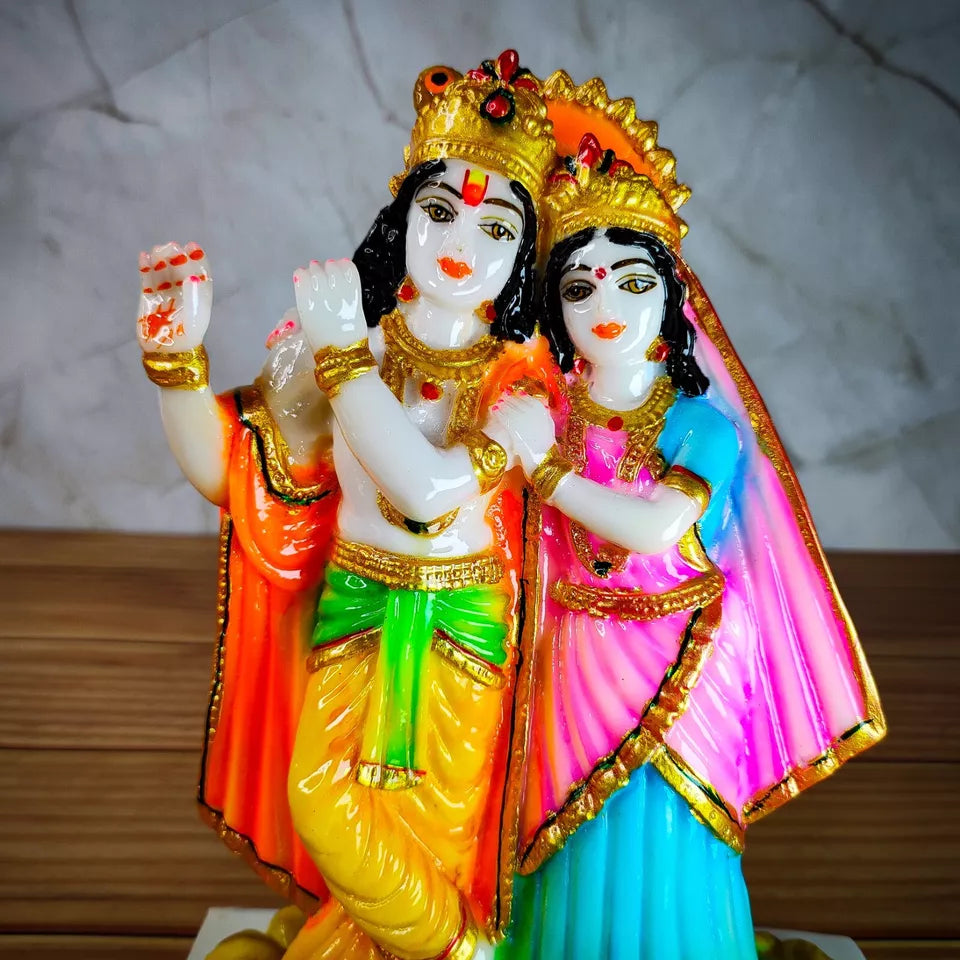 Marble Polish Lord Radha Krishna Love Couple Statue Stand on Lotus Sculpture Han - 0