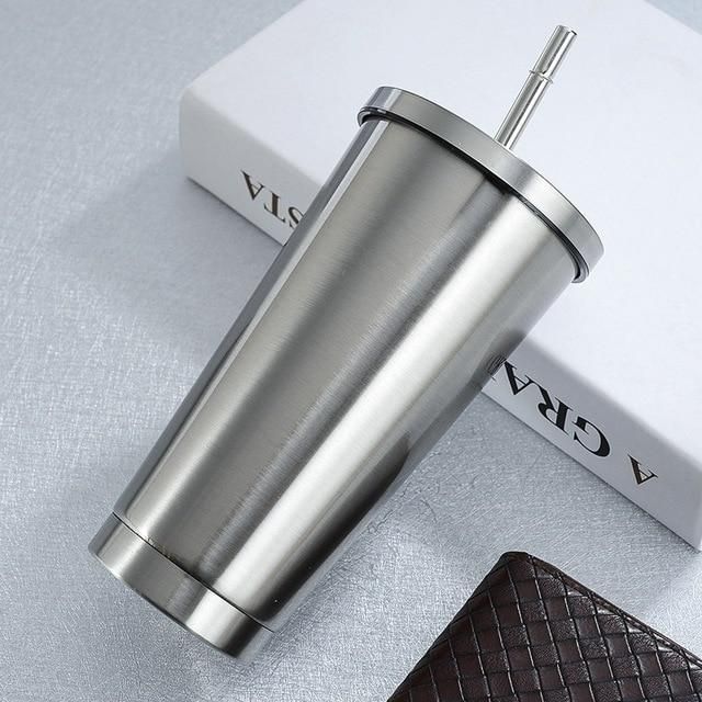 Buy silver Double Wall Vacuum Insulated Tumbler with Steel Straw and Lid