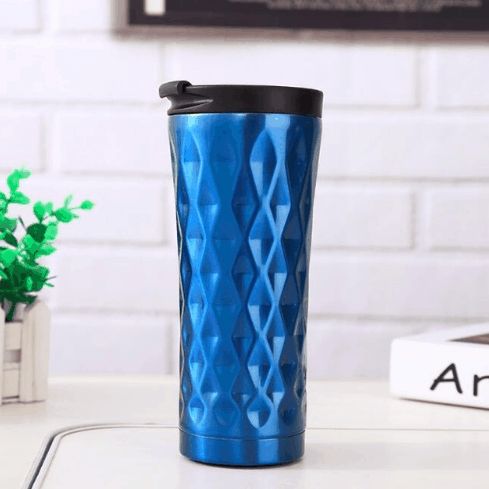 Double Wall Insulated Stainless Steel Diamond Cut Thermos Hot & Cold Tumbler Vacuum Flask 500 ML (Blue) - 0