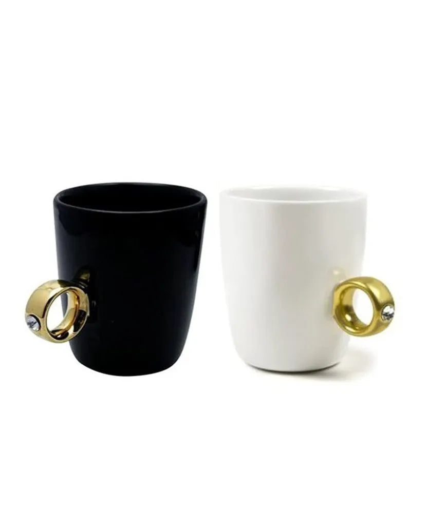 Ceramic Black & White Mug Gold Coffee Tea Diamond Solitaire Ring, Packaging Type: Box, 300 ml - 0