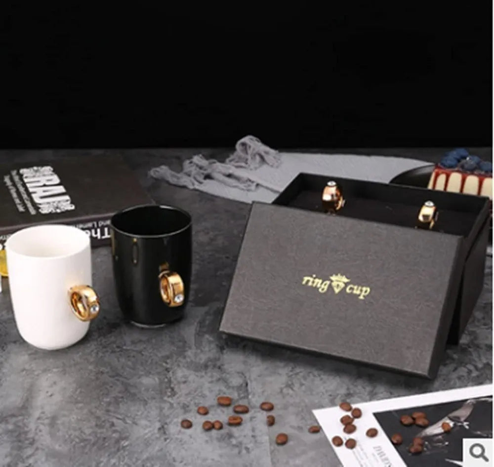 Ceramic Black & White Mug Gold Coffee Tea Diamond Solitaire Ring, Packaging Type: Box, 300 ml