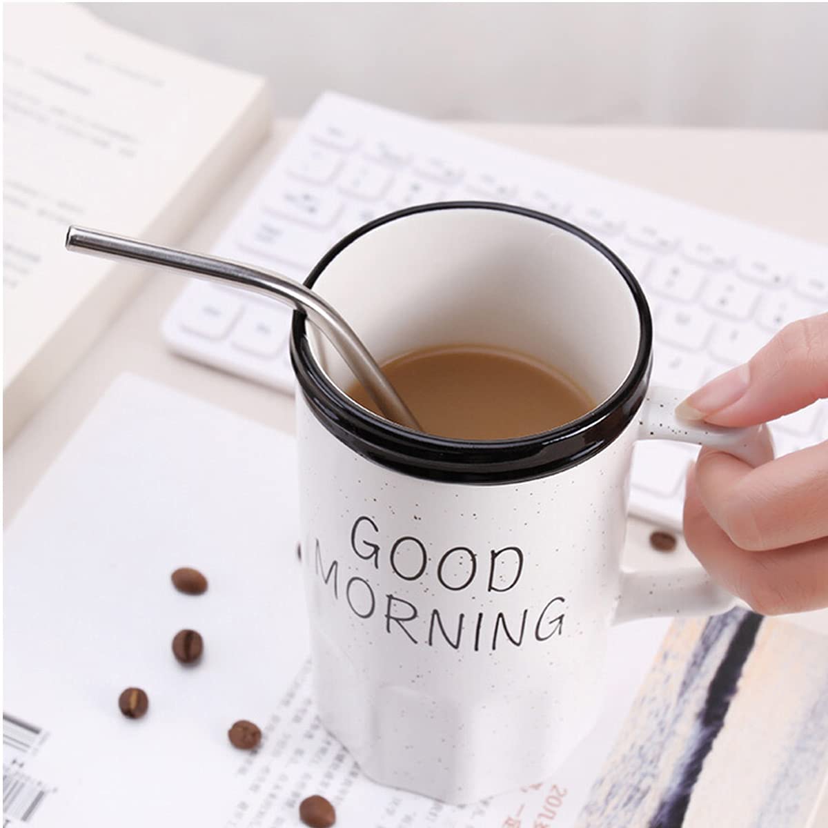 Good Morning Printed Ceramic Mug with Stainless Steel Straw for Cold Coffee and Ice Tea, 350 ml (White)