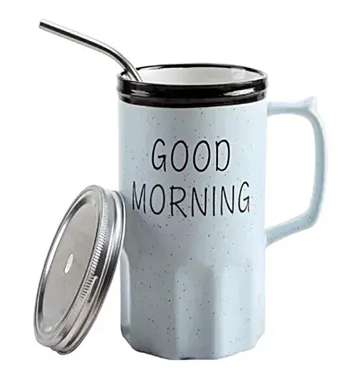 Good Morning Printed Ceramic Mug with Stainless Steel Straw for Cold Coffee and Ice Tea, 350 ml (Blue) - 0