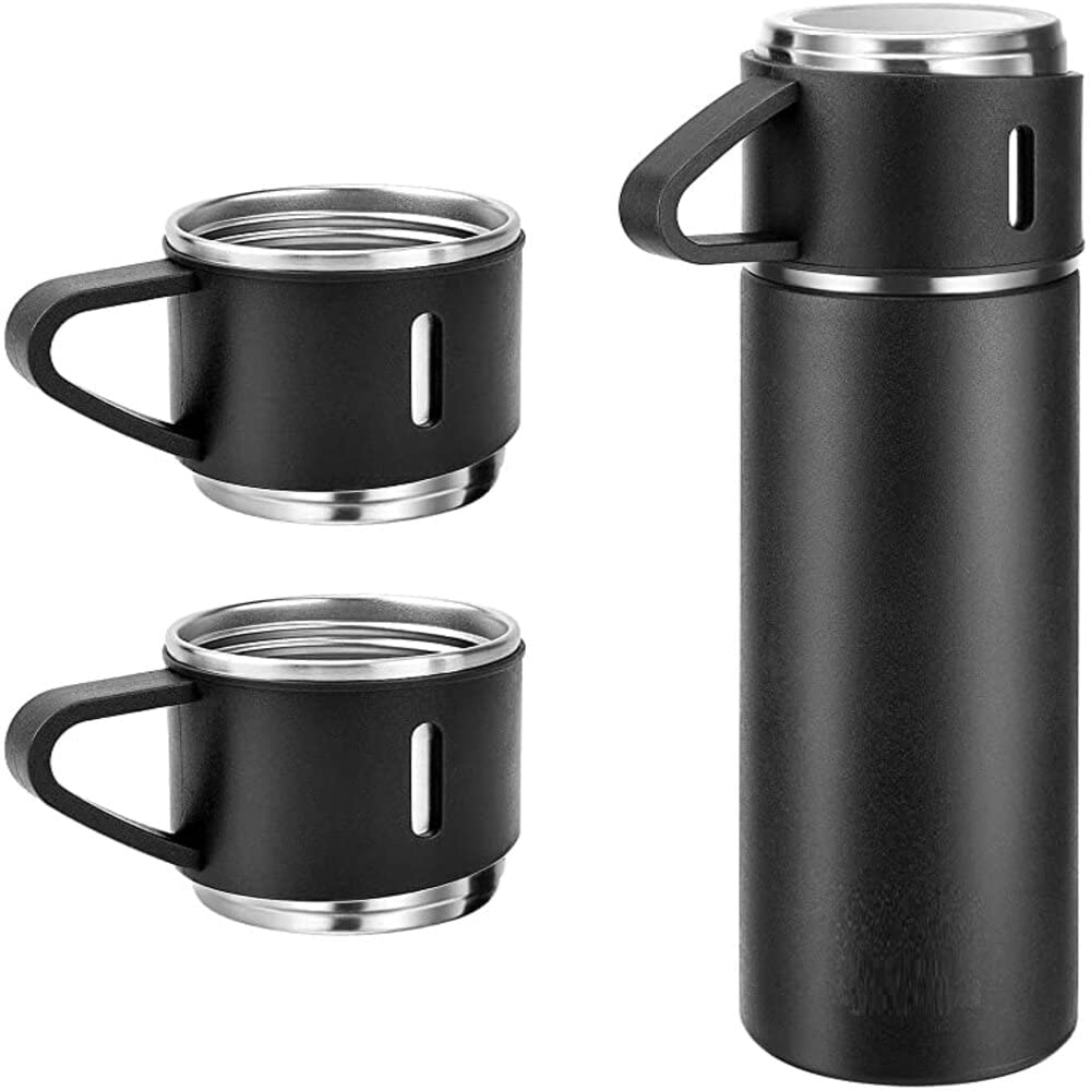 Water Bottle Thermos Flasks, Stainless Steel, Leak-Proof Thermos 500 ml with 2 Cups (Black) - 0