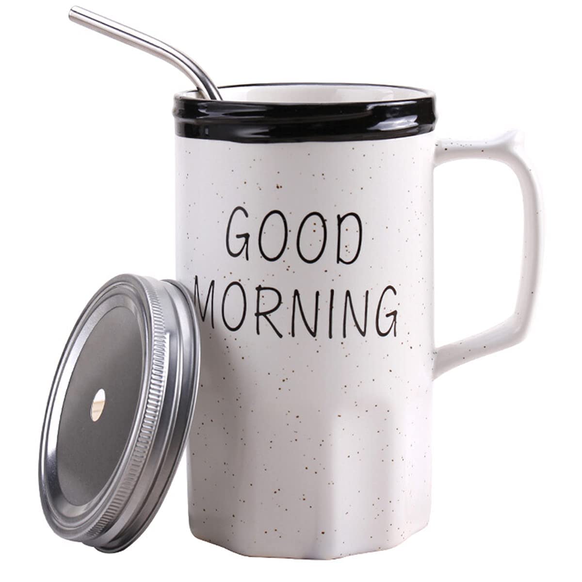 Good Morning Printed Ceramic Mug with Stainless Steel Straw for Cold Coffee and Ice Tea, 350 ml (White) - 0