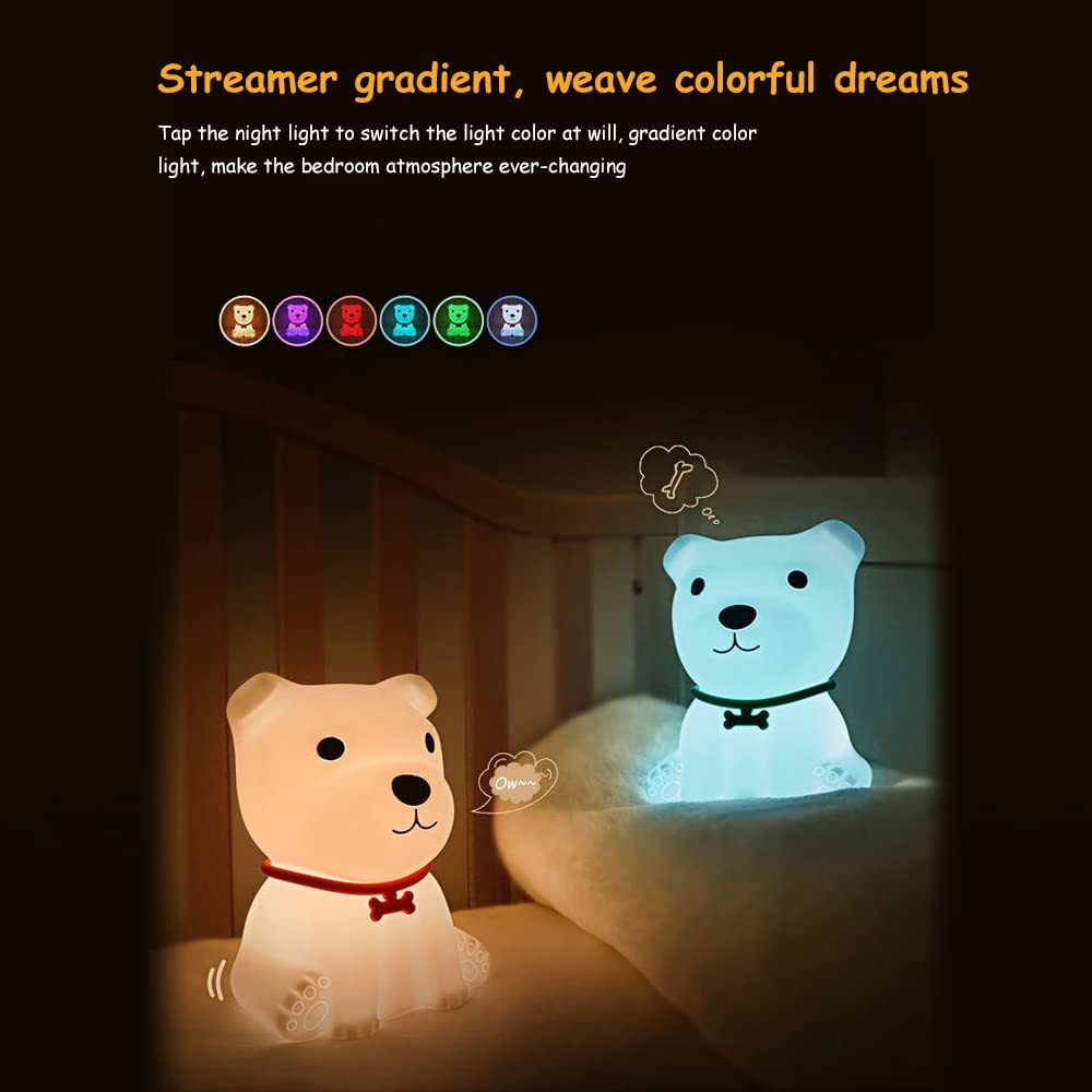 Cute Puppy Night Light Soft Silicone Lamp, Discolored USB Rechargeable Portable.