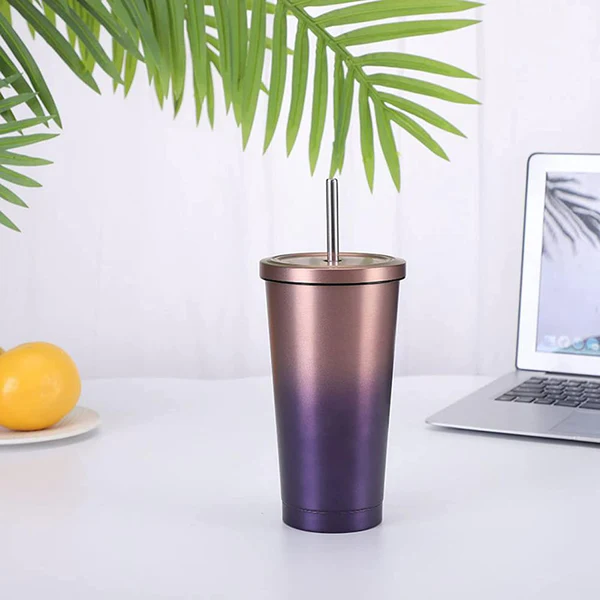 Buy pink-purple Double Wall Vacuum Insulated Tumbler with Steel Straw and Lid