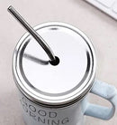 Good Morning Printed Ceramic Mug with Stainless Steel Straw for Cold Coffee and Ice Tea, 350 ml (Blue)-4