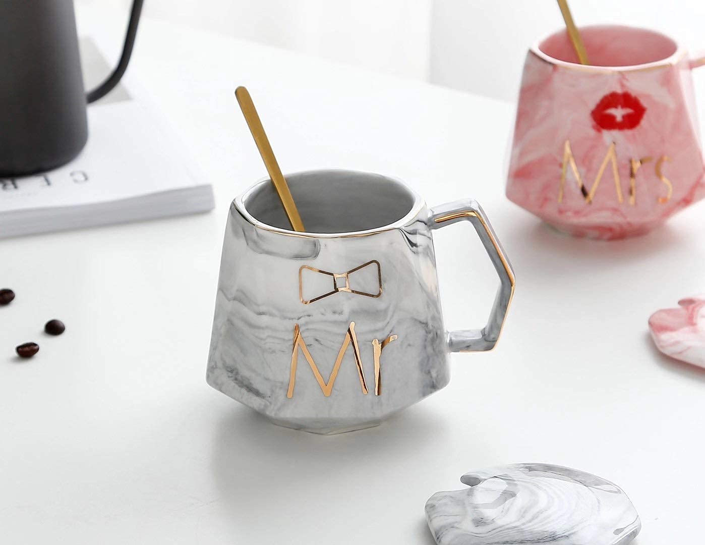 Mr and Mrs Couples Ceramic Coffee Mug Set with Box (350 ml, Grey, Pink) - 0