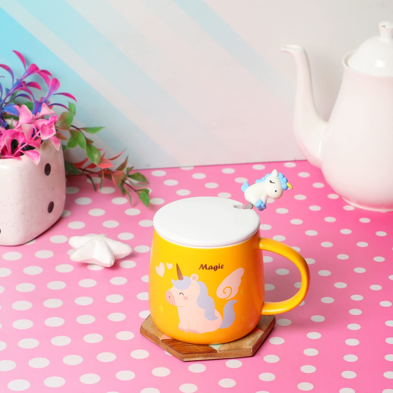 Unicorn Ceramic Mug with lid & Unicorn Spoon Coffee Tea Mug (Yellow) - 0