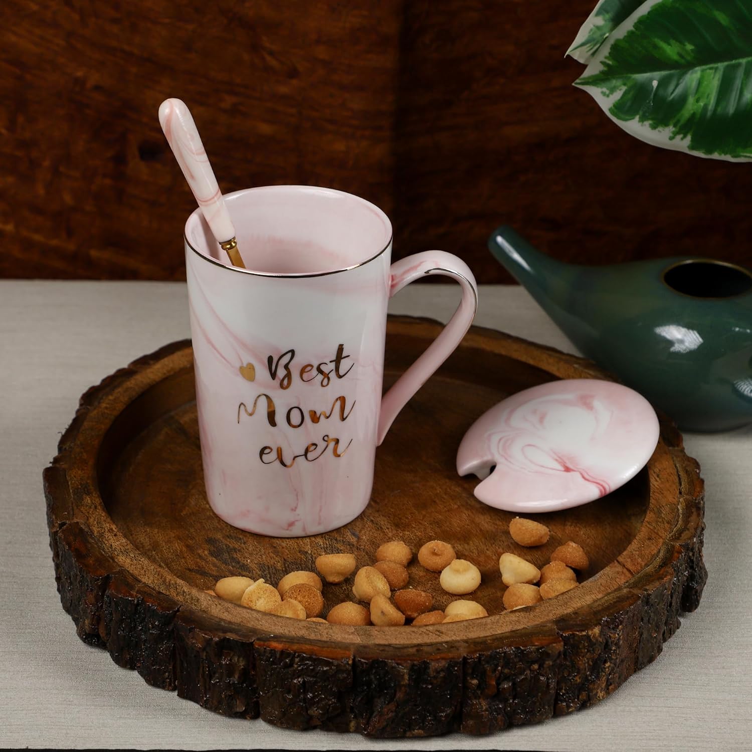 Coffee Mug, Coffee Mug with Lid, Birthday Gift for Mom, Ceramic Coffee Mug with Spoon, Gift for Mom Special with Gift Box, Diwali Gifts - Pink - 0